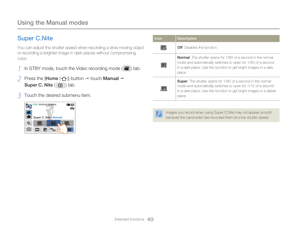 Super c.nite, Using the manual modes | Samsung HMX-Q20BN-XAA User Manual | Page 53 / 133