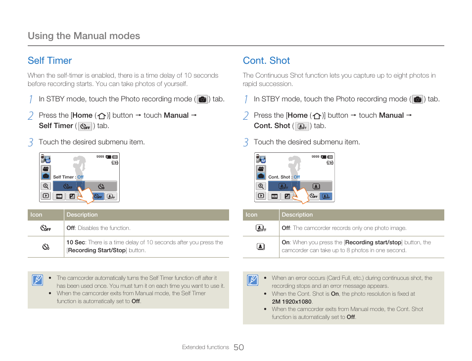 Self timer, Cont. shot, Using the manual modes | Samsung HMX-Q20BN-XAA User Manual | Page 54 / 133