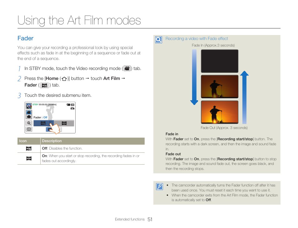 Using the art film modes, Fader | Samsung HMX-Q20BN-XAA User Manual | Page 55 / 133