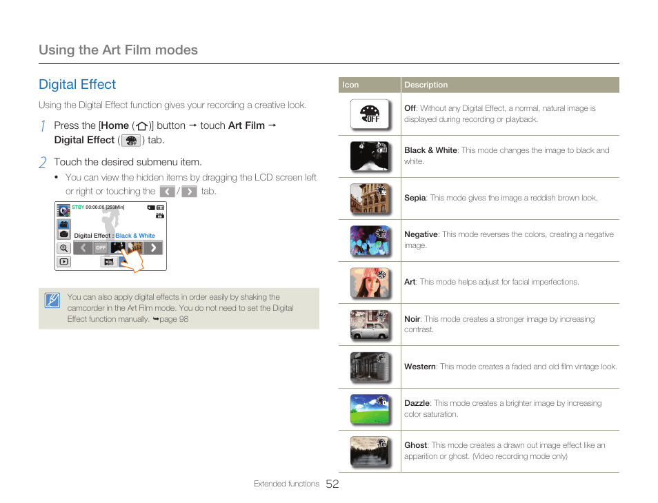 Digital effect, Using the art film modes | Samsung HMX-Q20BN-XAA User Manual | Page 56 / 133