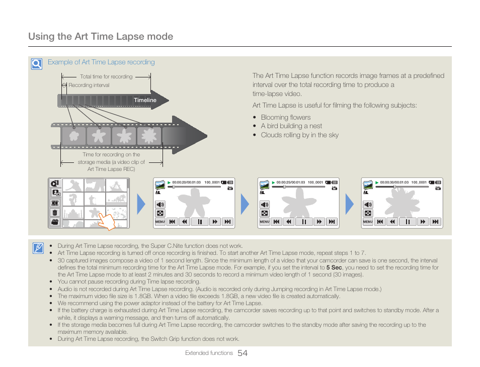 Using the art time lapse mode | Samsung HMX-Q20BN-XAA User Manual | Page 58 / 133