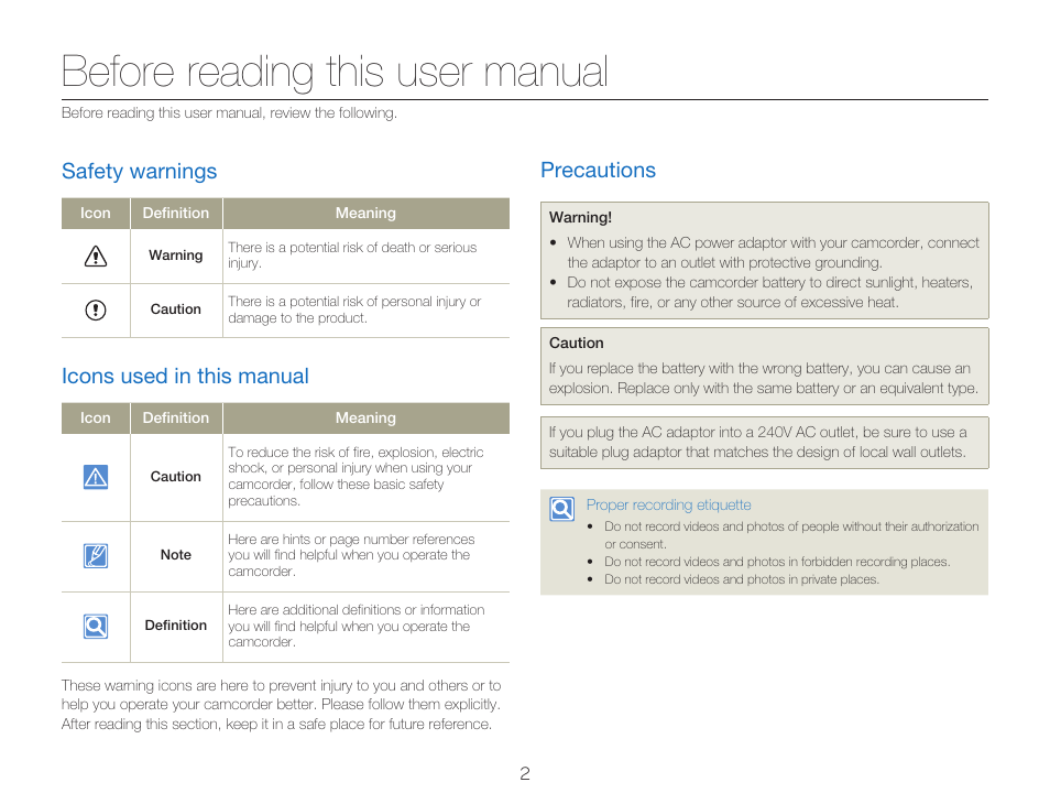 Before reading this user manual, Safety warnings, Icons used in this manual | Precautions | Samsung HMX-Q20BN-XAA User Manual | Page 6 / 133