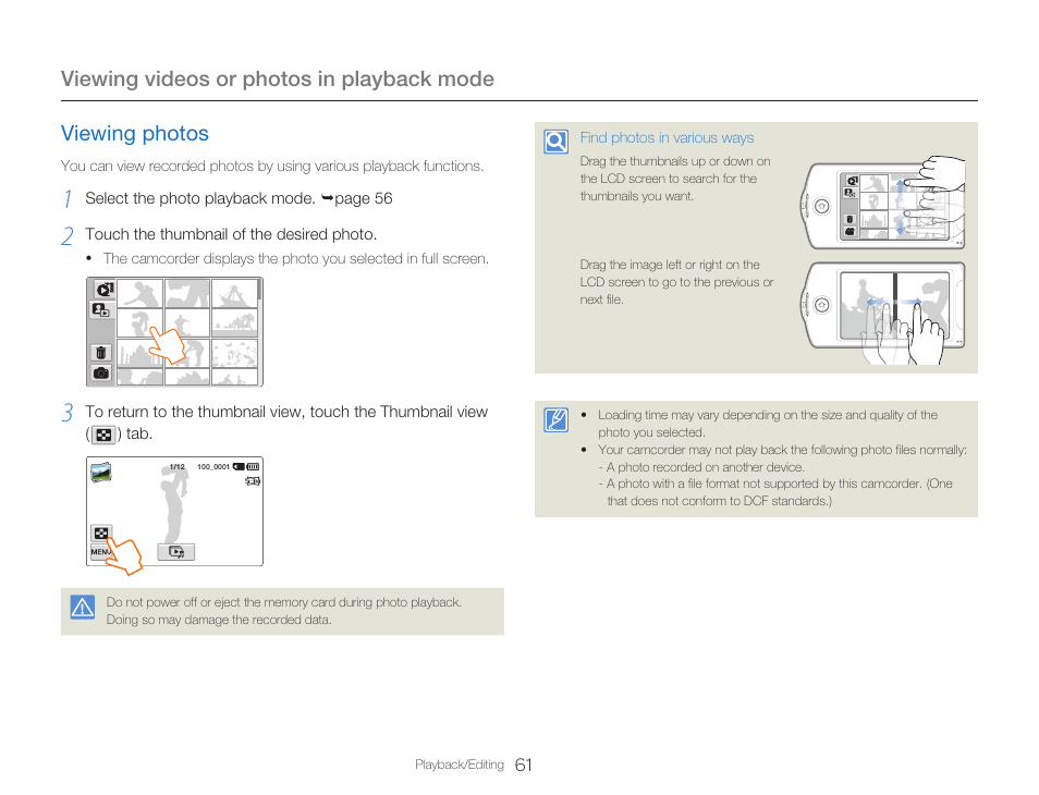 Viewing photos, Viewing videos or photos in playback mode | Samsung HMX-Q20BN-XAA User Manual | Page 65 / 133