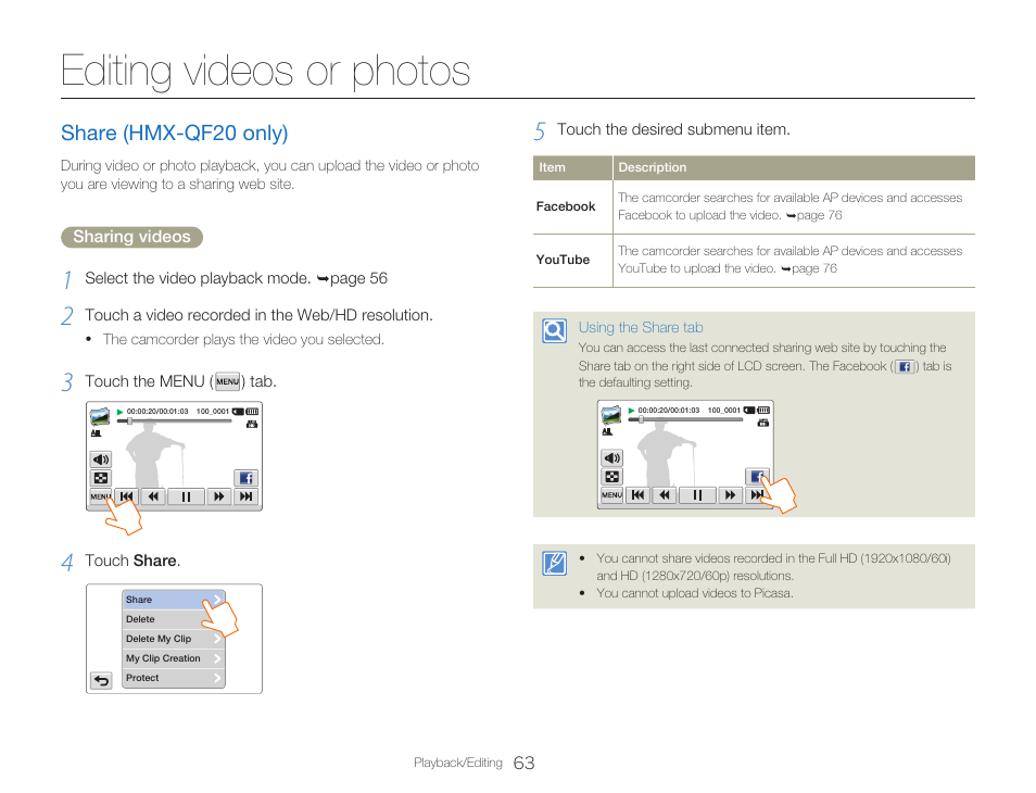 Editing videos or photos, Share (hmx-qf20 only) | Samsung HMX-Q20BN-XAA User Manual | Page 67 / 133