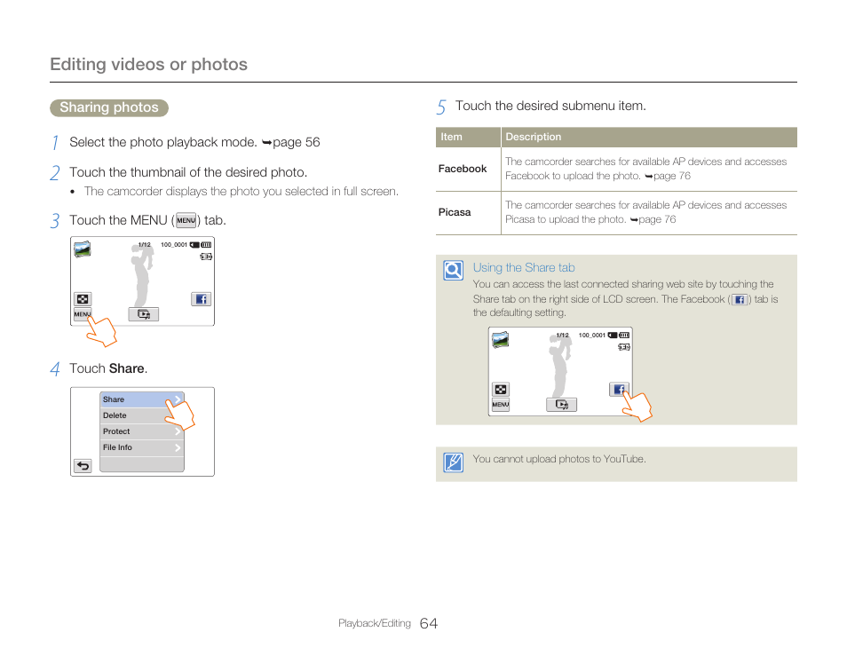 Editing videos or photos | Samsung HMX-Q20BN-XAA User Manual | Page 68 / 133