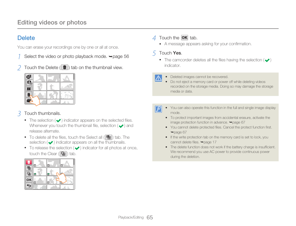 Delete, Editing videos or photos | Samsung HMX-Q20BN-XAA User Manual | Page 69 / 133