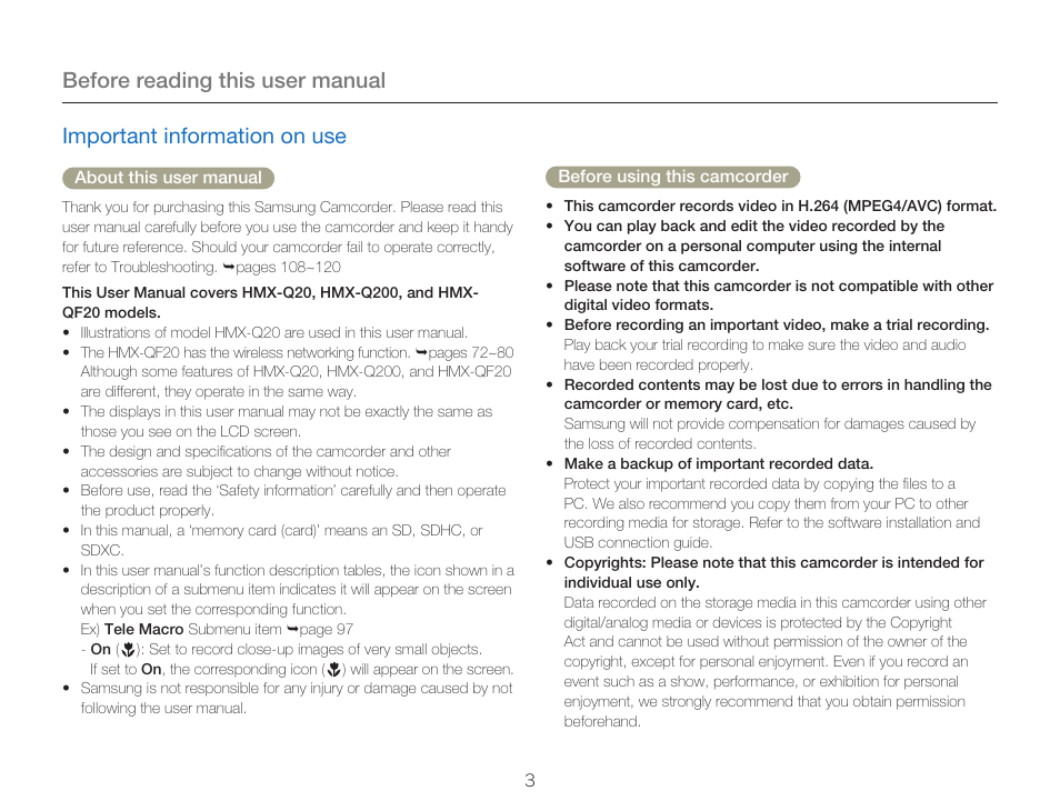 Before reading this user manual, Important information on use | Samsung HMX-Q20BN-XAA User Manual | Page 7 / 133