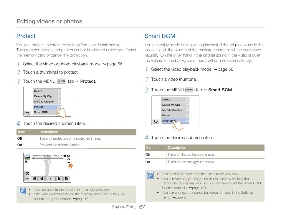 Protect, Smart bgm, Editing videos or photos | Samsung HMX-Q20BN-XAA User Manual | Page 71 / 133