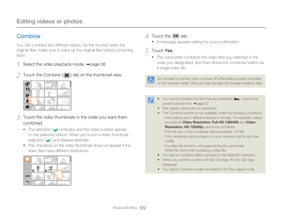 Combine, Editing videos or photos | Samsung HMX-Q20BN-XAA User Manual | Page 73 / 133