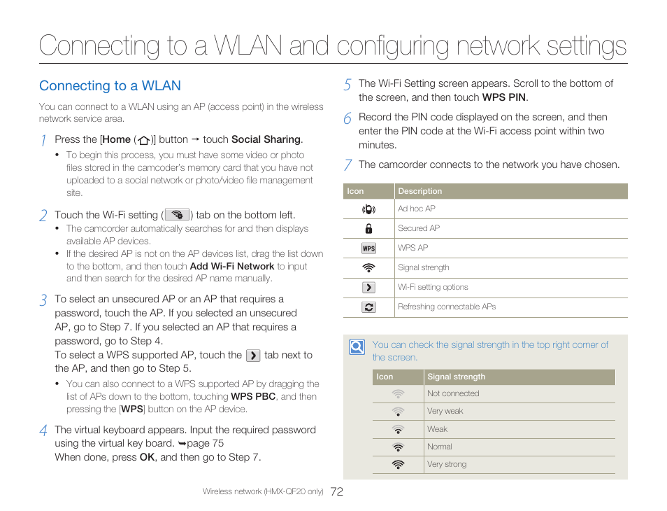 Connecting to a wlan | Samsung HMX-Q20BN-XAA User Manual | Page 76 / 133