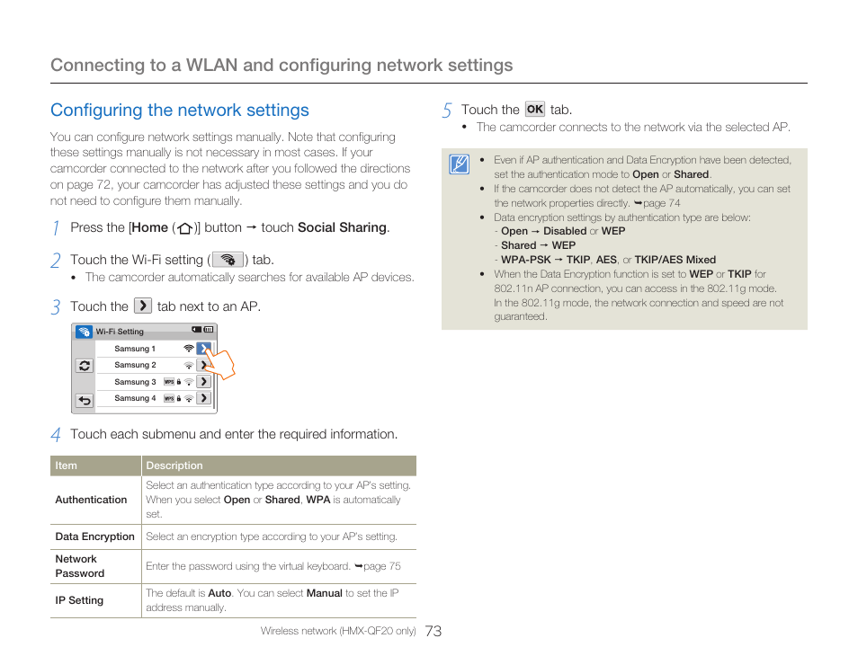 Configuring the network settings | Samsung HMX-Q20BN-XAA User Manual | Page 77 / 133