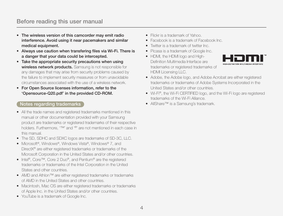 Before reading this user manual | Samsung HMX-Q20BN-XAA User Manual | Page 8 / 133