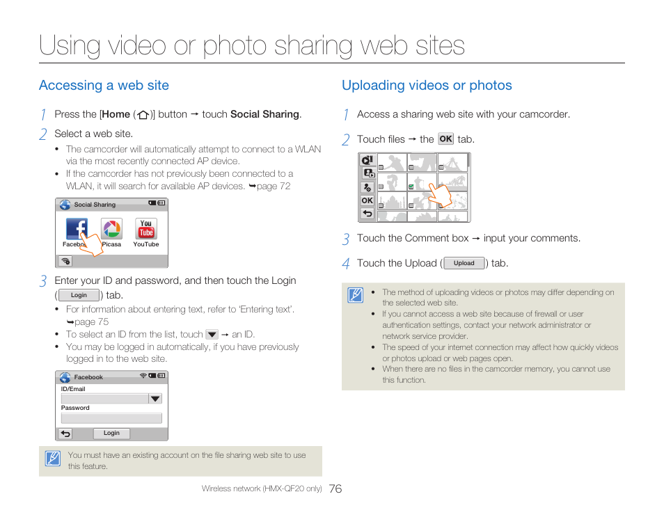 Using video or photo sharing web sites, Accessing a web site, Uploading videos or photos | Samsung HMX-Q20BN-XAA User Manual | Page 80 / 133