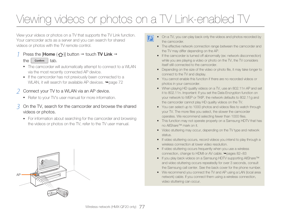 Viewing videos or photos on a tv link-enabled tv | Samsung HMX-Q20BN-XAA User Manual | Page 81 / 133