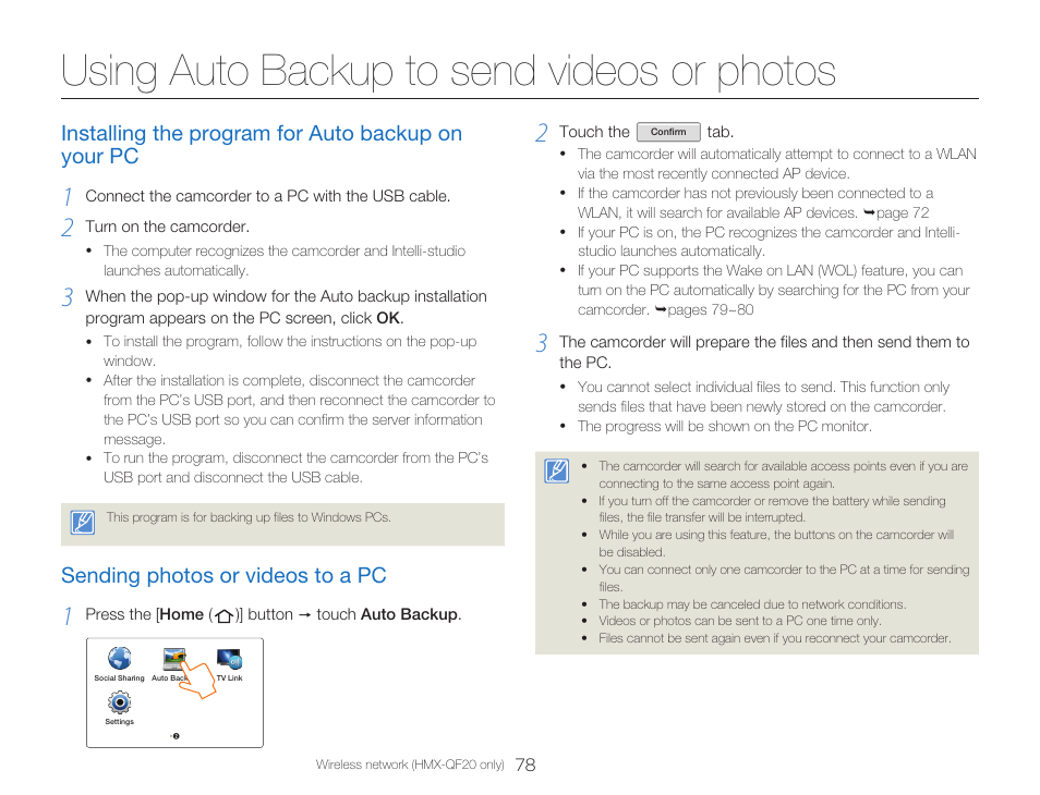 Using auto backup to send videos or photos, Installing the program for auto backup on your pc, Sending photos or videos to a pc | Samsung HMX-Q20BN-XAA User Manual | Page 82 / 133