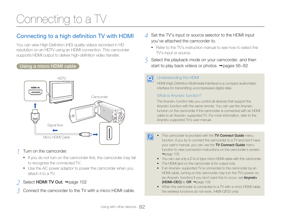 Connecting to a tv, Connecting to a high definition tv with hdmi | Samsung HMX-Q20BN-XAA User Manual | Page 86 / 133