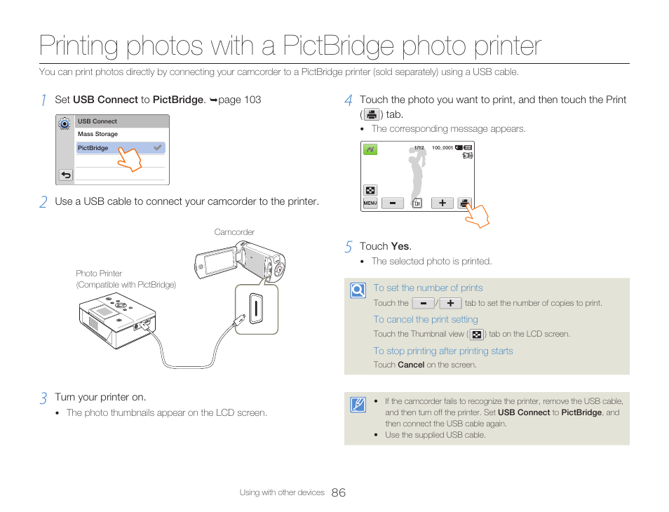 Printing photos with a pictbridge photo printer | Samsung HMX-Q20BN-XAA User Manual | Page 90 / 133