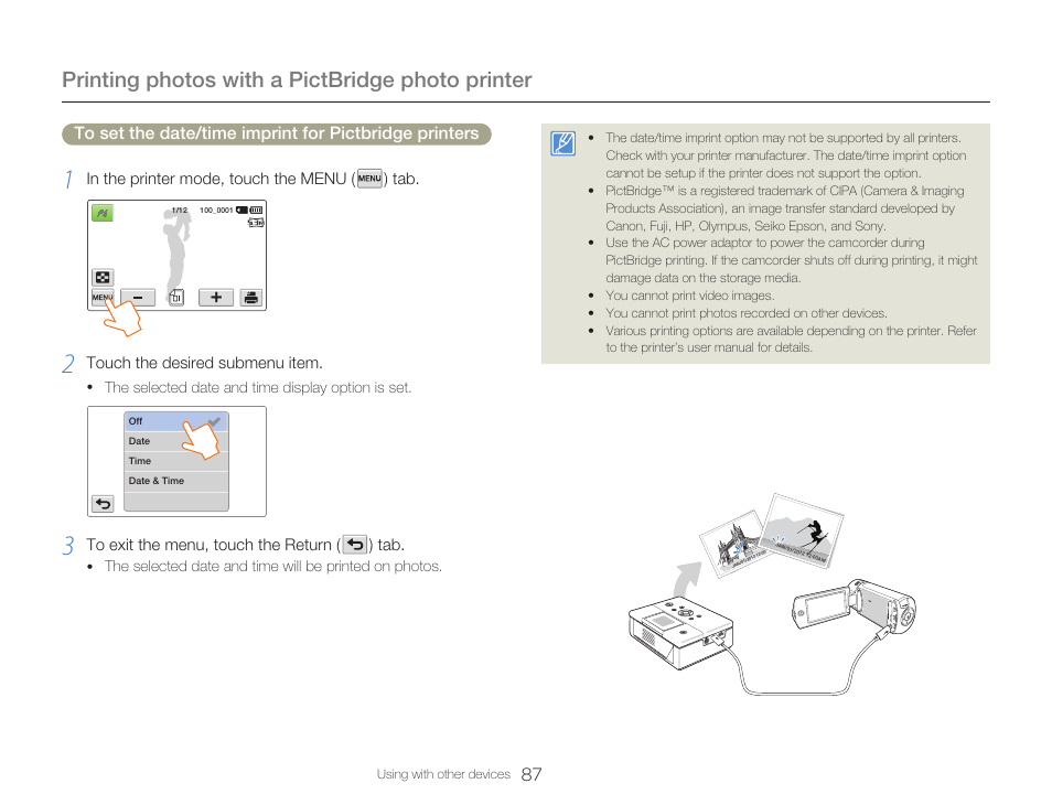 Printing photos with a pictbridge photo printer | Samsung HMX-Q20BN-XAA User Manual | Page 91 / 133