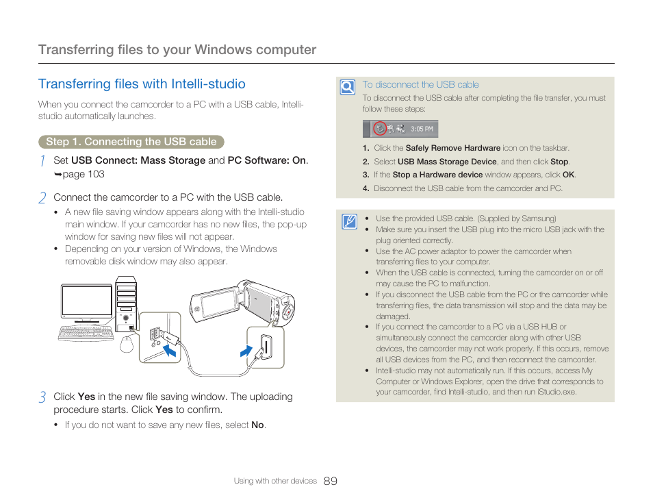 Transferring files with intelli-studio, Transferring files to your windows computer | Samsung HMX-Q20BN-XAA User Manual | Page 93 / 133