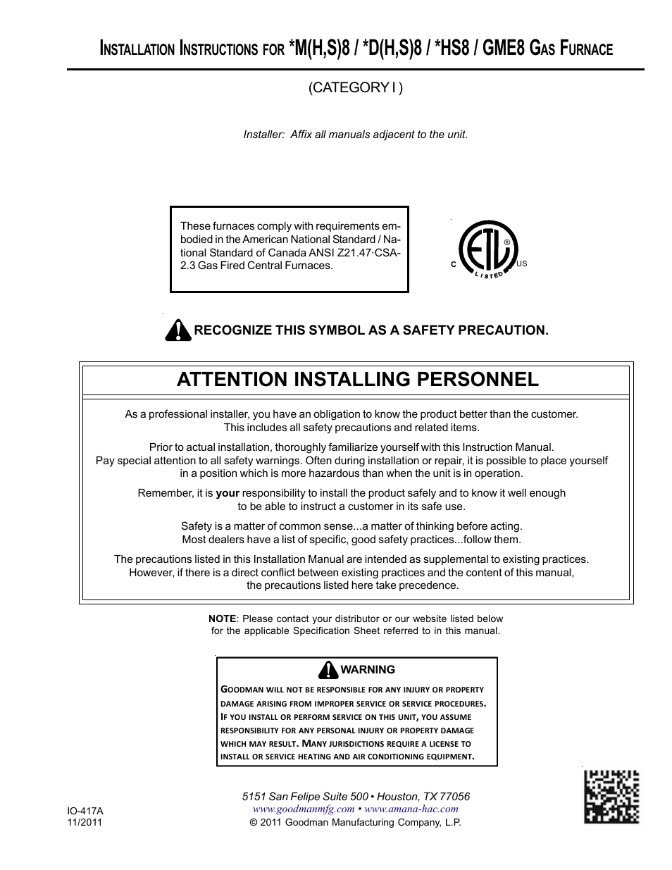 Amana Gas Furnance S)8 User Manual | 48 pages