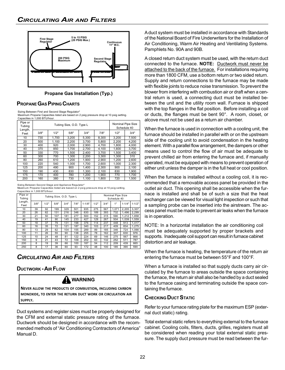 Warning, Irculating, Ilters | Propane gas installation (typ.) | Amana Gas Furnance S)8 User Manual | Page 22 / 48