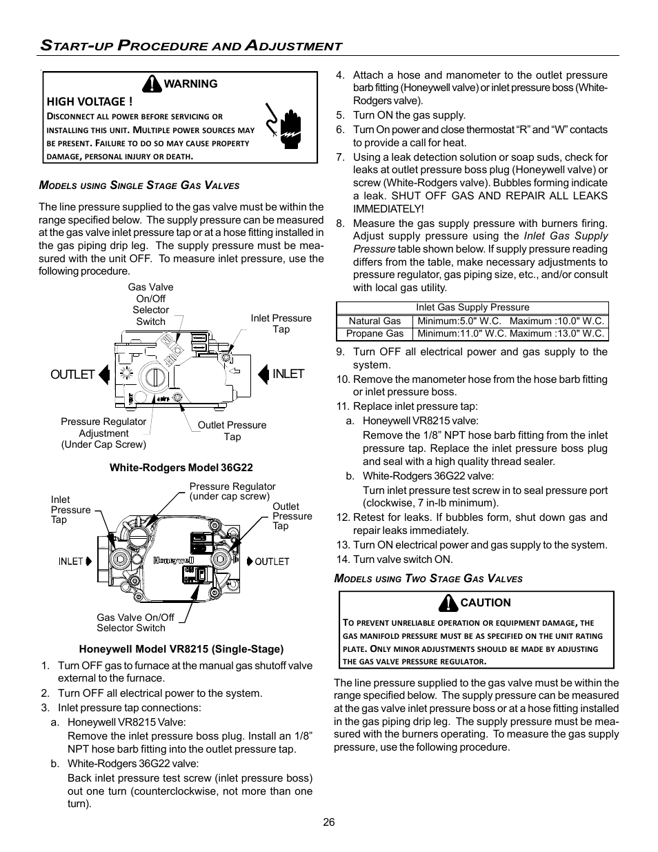 High voltage, Inlet outlet | Amana Gas Furnance S)8 User Manual | Page 26 / 48