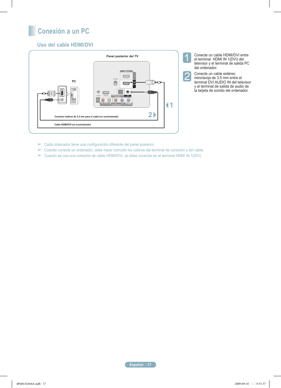 Conexión a un pc, Uso del cable hdmi/dvi | Samsung PN42B400P3DXZA User Manual | Page 17 / 35