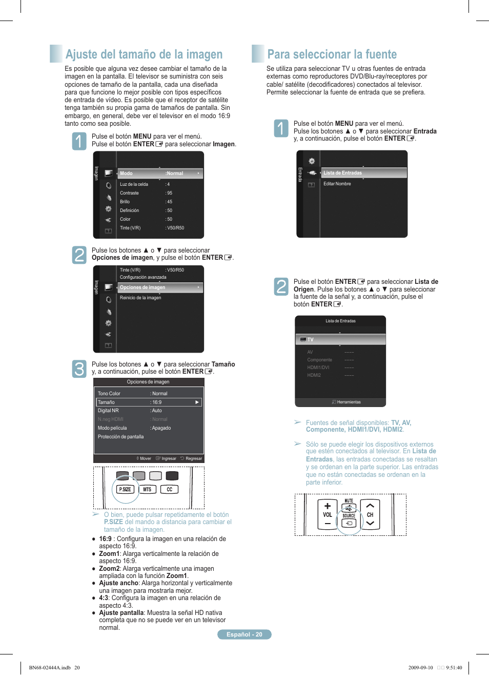 Para seleccionar la fuente, Ajuste del tamaño de la imagen | Samsung PN42B400P3DXZA User Manual | Page 20 / 35