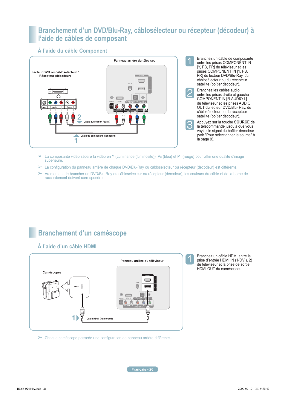 Branchement d’un caméscope, À l’aide du câble component, À l’aide d’un câble hdmi | Samsung PN42B400P3DXZA User Manual | Page 26 / 35