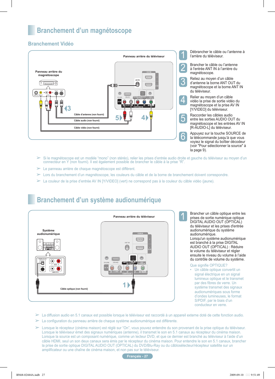 Branchement d’un magnétoscope, Branchement d’un système audionumérique | Samsung PN42B400P3DXZA User Manual | Page 27 / 35