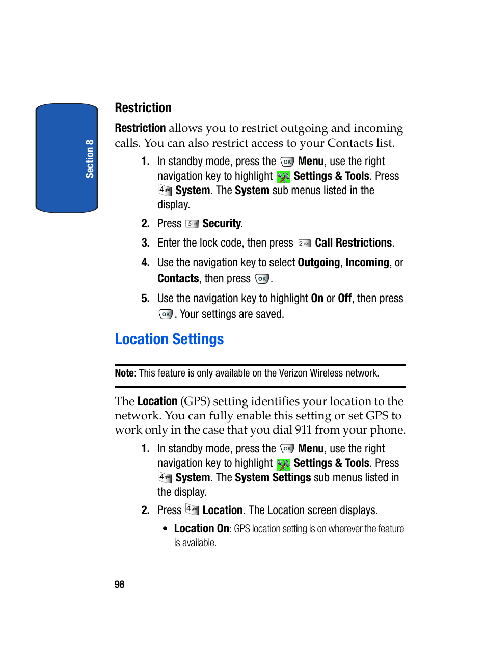 Location settings | Samsung SCH-A850BKVXAR User Manual | Page 102 / 178