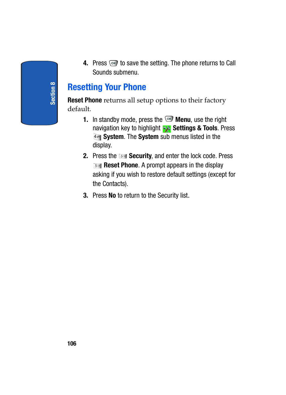 Resetting your phone | Samsung SCH-A850BKVXAR User Manual | Page 110 / 178