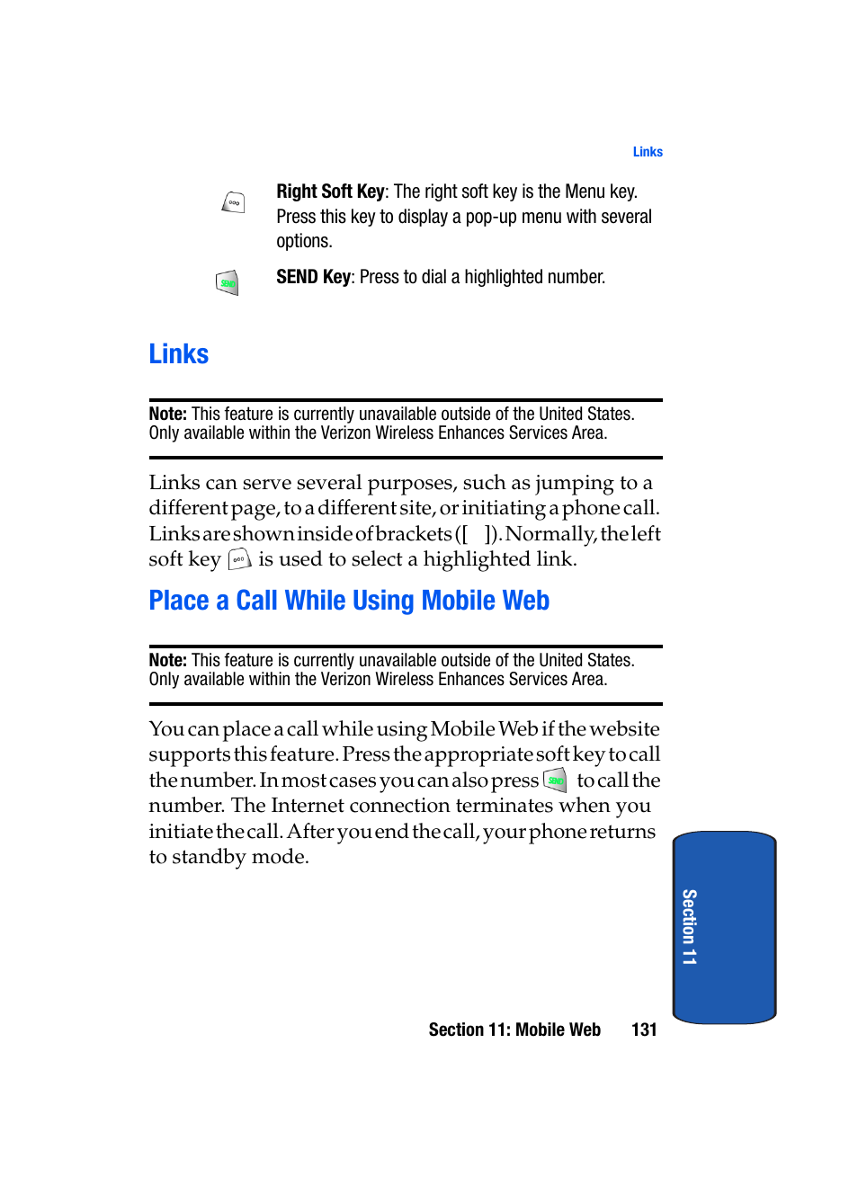 Links place a call while using mobile web, Links, Place a call while using mobile web | Samsung SCH-A850BKVXAR User Manual | Page 135 / 178