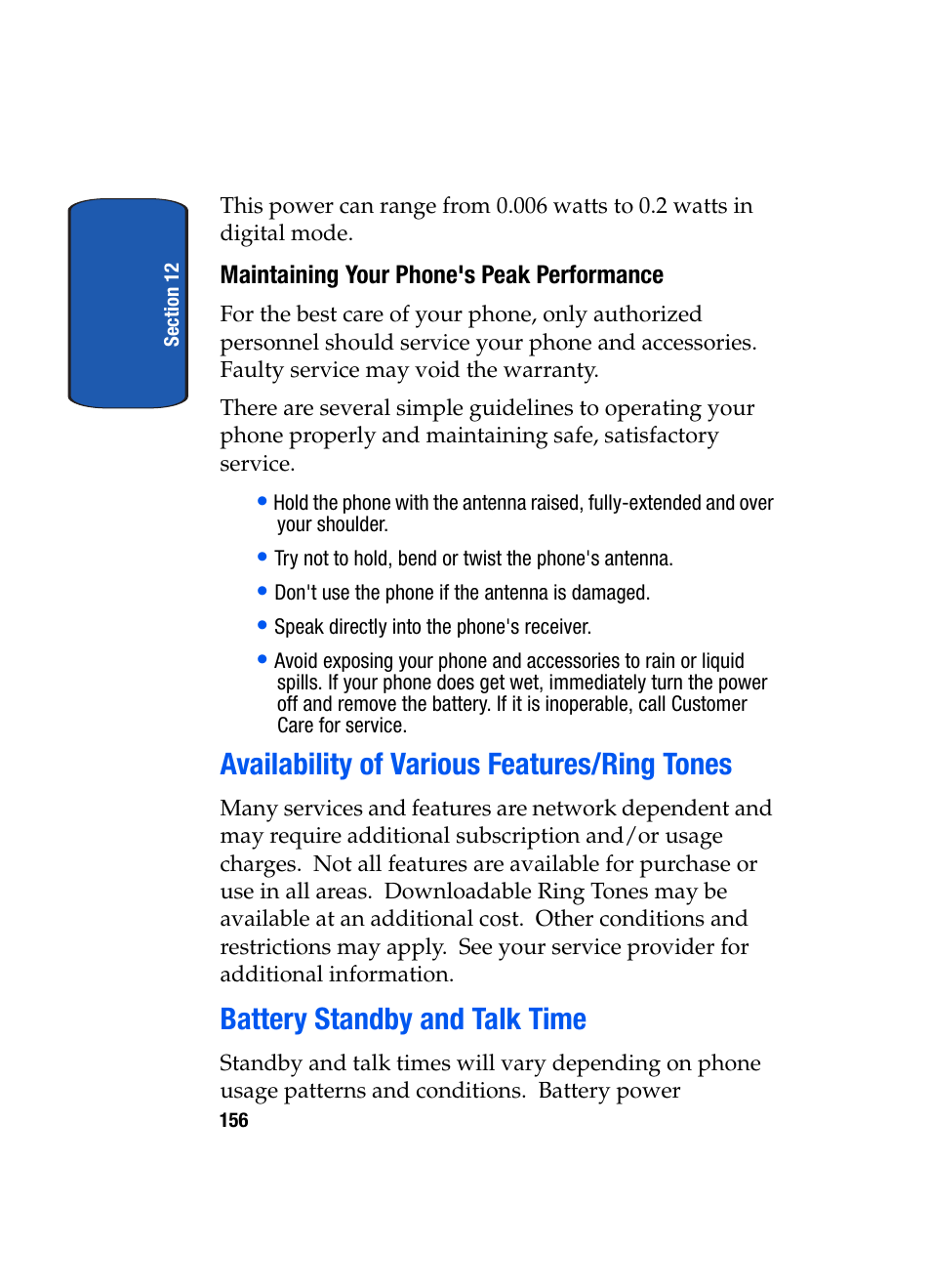 Availability of various features/ring tones, Battery standby and talk time | Samsung SCH-A850BKVXAR User Manual | Page 160 / 178