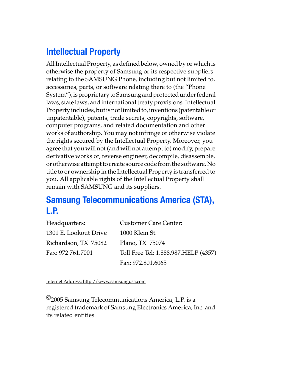 Intellectual property, Samsung telecommunications america (sta), l.p | Samsung SCH-A850BKVXAR User Manual | Page 2 / 178