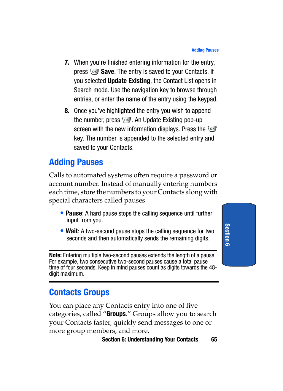 Adding pauses contacts groups, Adding pauses, Contacts groups | Samsung SCH-A850BKVXAR User Manual | Page 69 / 178