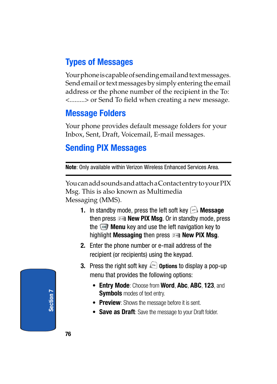 Types of messages, Message folders, Sending pix messages | Samsung SCH-A850BKVXAR User Manual | Page 80 / 178