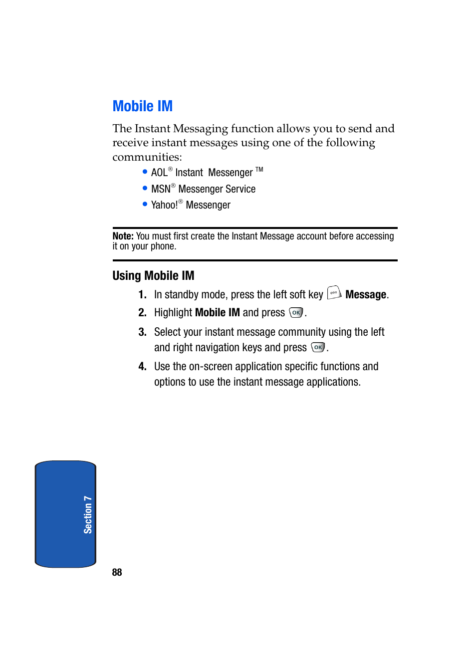 Mobile im, Using mobile im | Samsung SCH-A850BKVXAR User Manual | Page 92 / 178