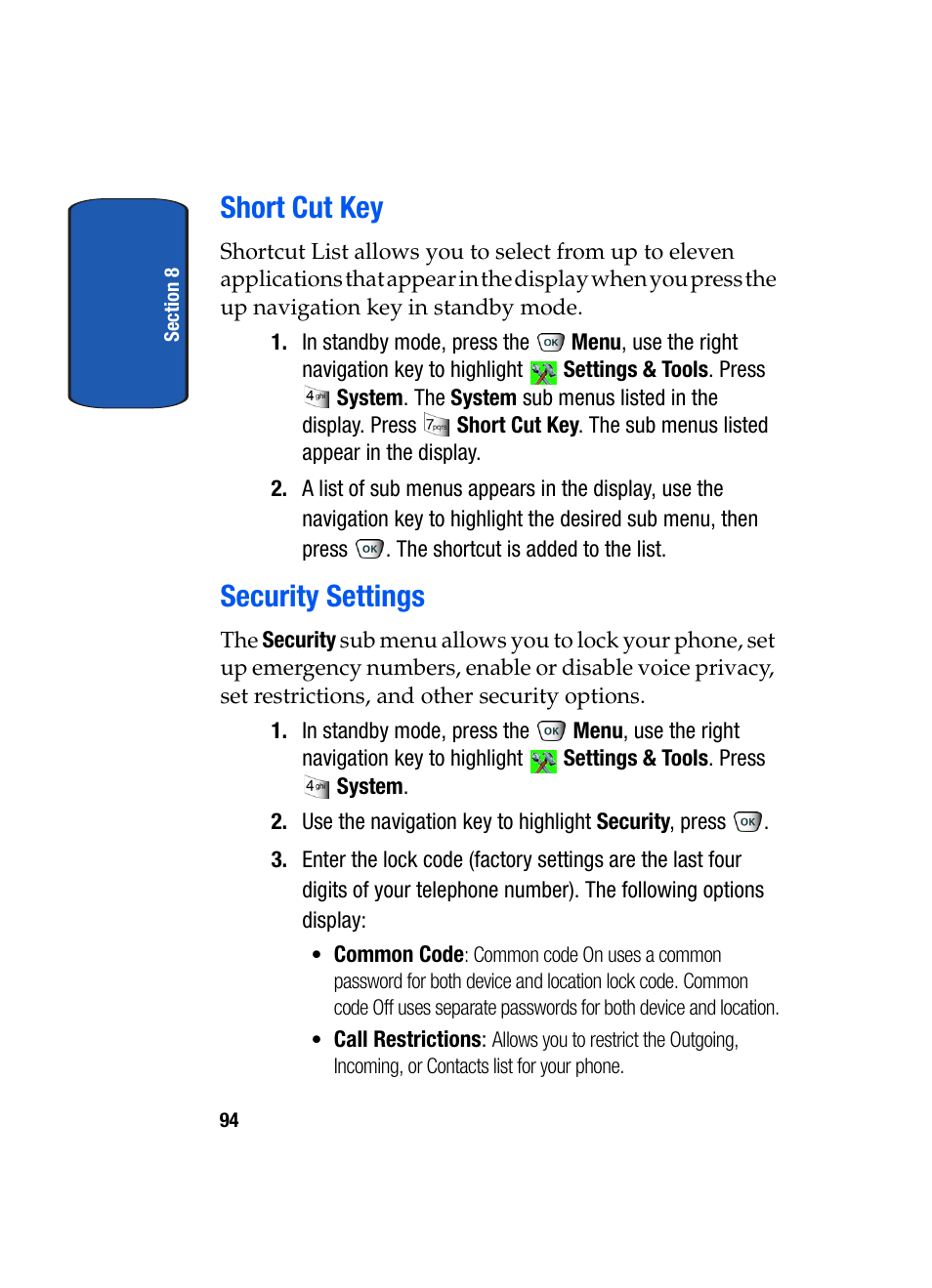 Short cut key security settings, Short cut key, Security settings | Samsung SCH-A850BKVXAR User Manual | Page 98 / 178