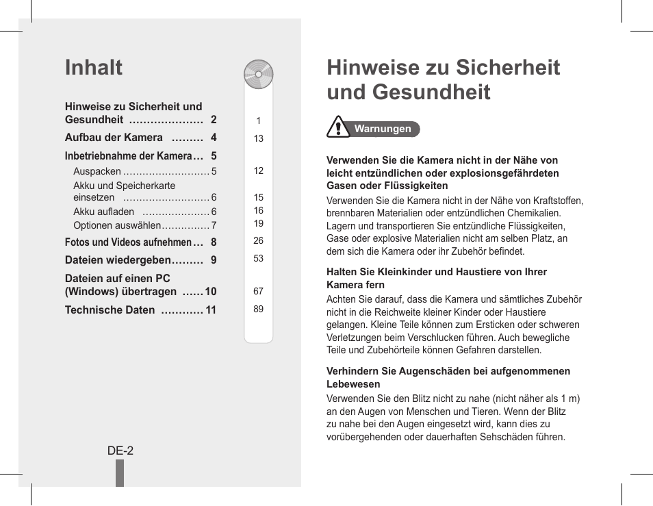 Hinweise zu sicherheit und gesundheit inhalt | Samsung EC-PL90ZZBPRUS User Manual | Page 12 / 72