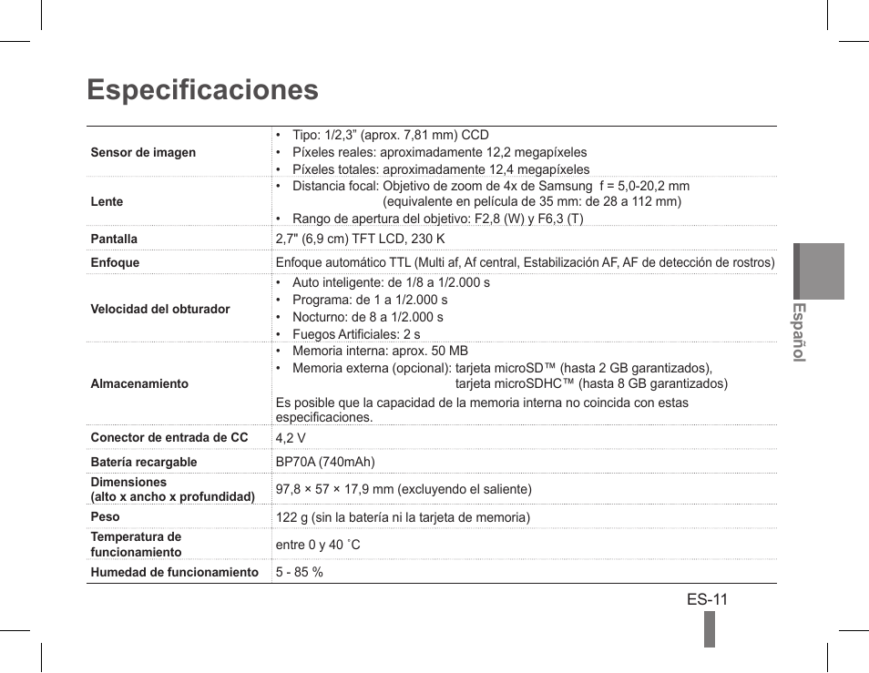 Especificaciones | Samsung EC-PL90ZZBPRUS User Manual | Page 41 / 72