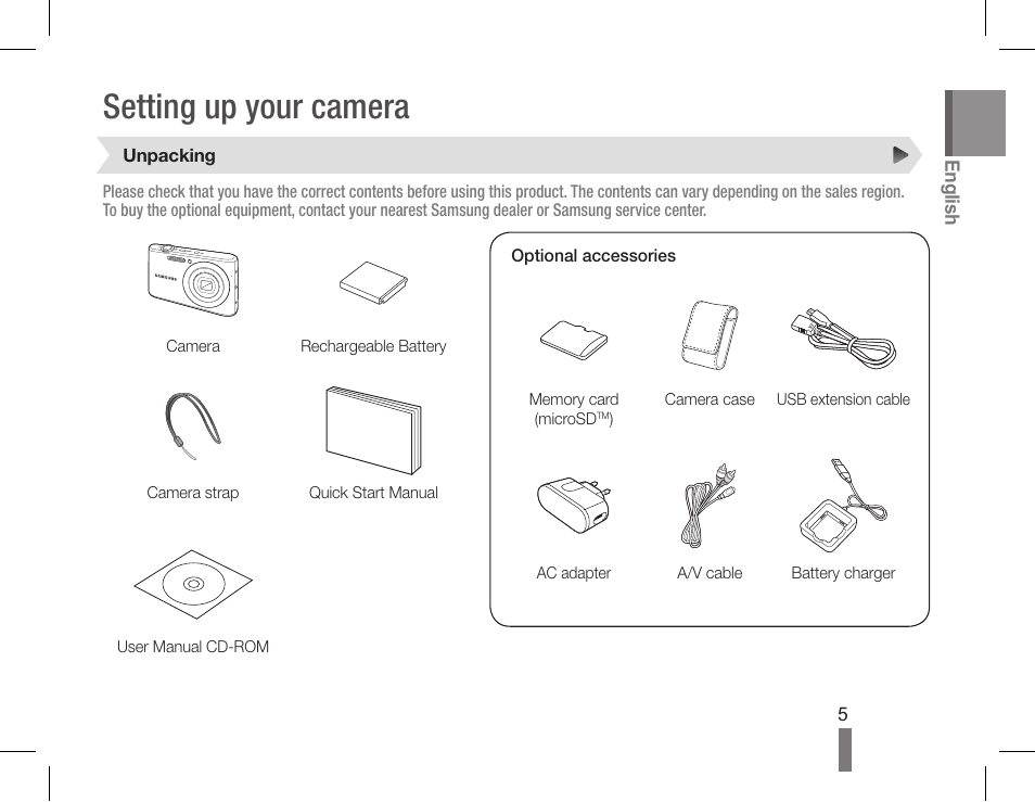 Setting up your camera | Samsung EC-PL90ZZBPRUS User Manual | Page 5 / 72