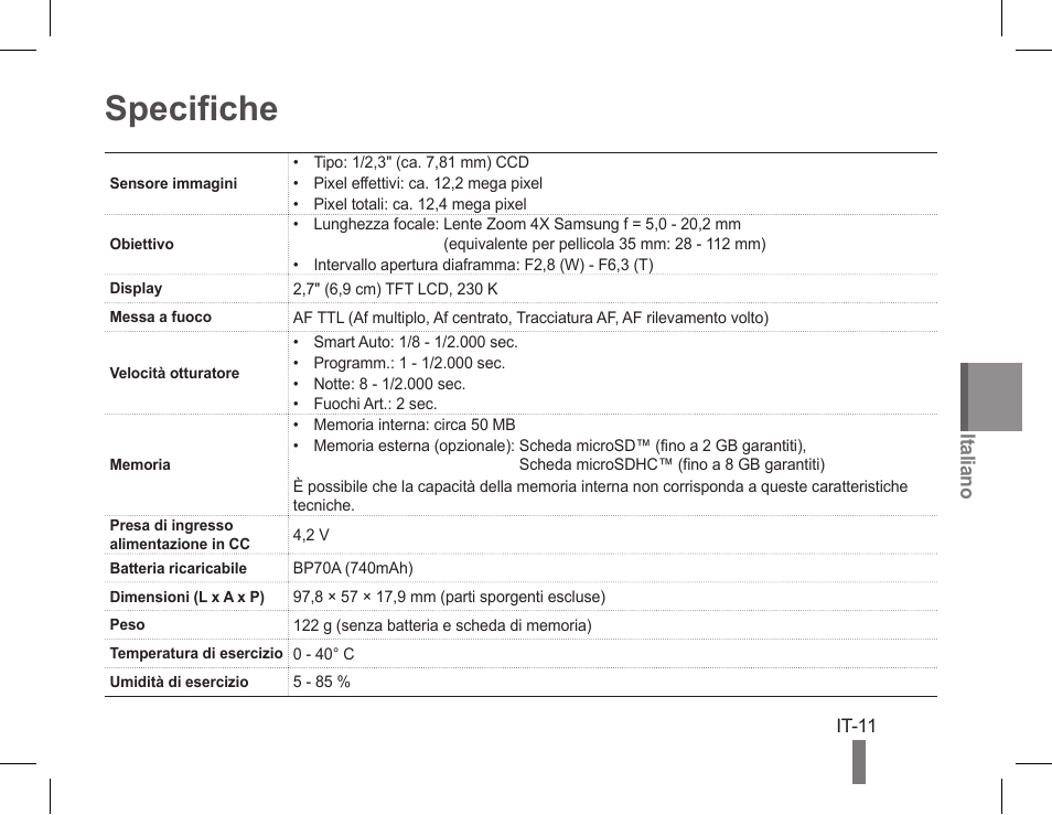 Specifiche | Samsung EC-PL90ZZBPRUS User Manual | Page 51 / 72