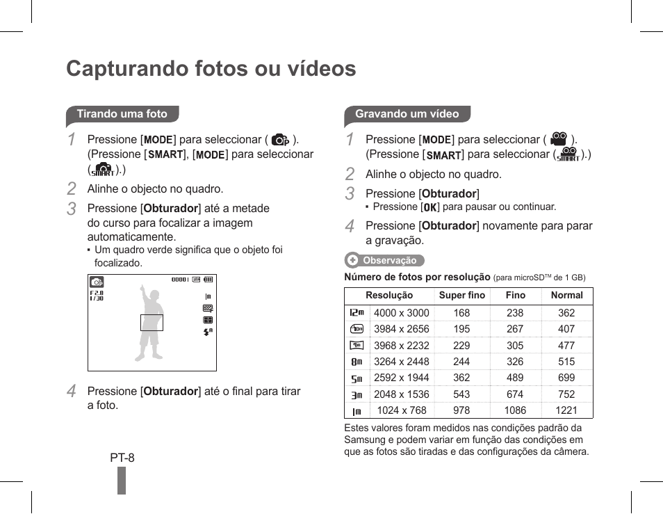 Capturando fotos ou vídeos | Samsung EC-PL90ZZBPRUS User Manual | Page 68 / 72