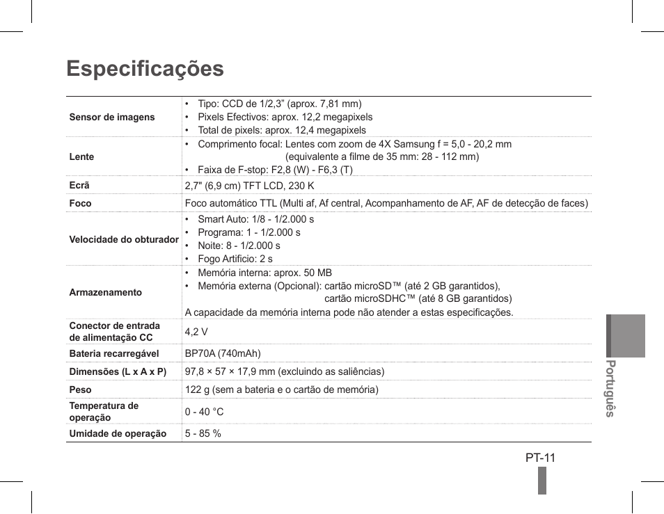 Especificações | Samsung EC-PL90ZZBPRUS User Manual | Page 71 / 72