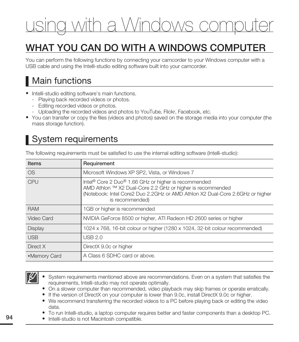 Using with a windows computer, What you can do with a windows computer, System requirements | Main functions | Samsung HMX-T10ON-XAA User Manual | Page 100 / 123