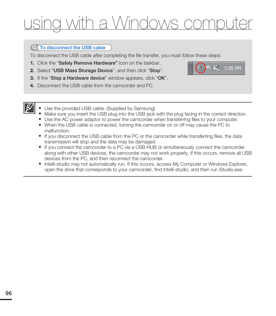 Using with a windows computer | Samsung HMX-T10ON-XAA User Manual | Page 102 / 123