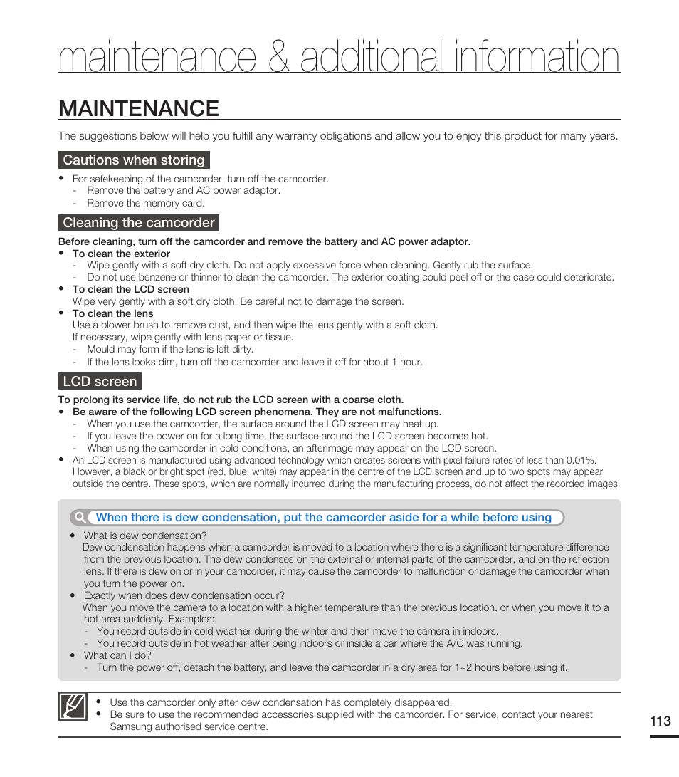 Maintenance & additional information, Maintenance | Samsung HMX-T10ON-XAA User Manual | Page 119 / 123