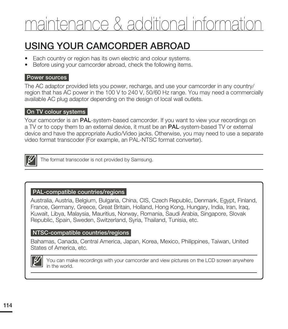 Using your camcorder abroad, Maintenance & additional information | Samsung HMX-T10ON-XAA User Manual | Page 120 / 123