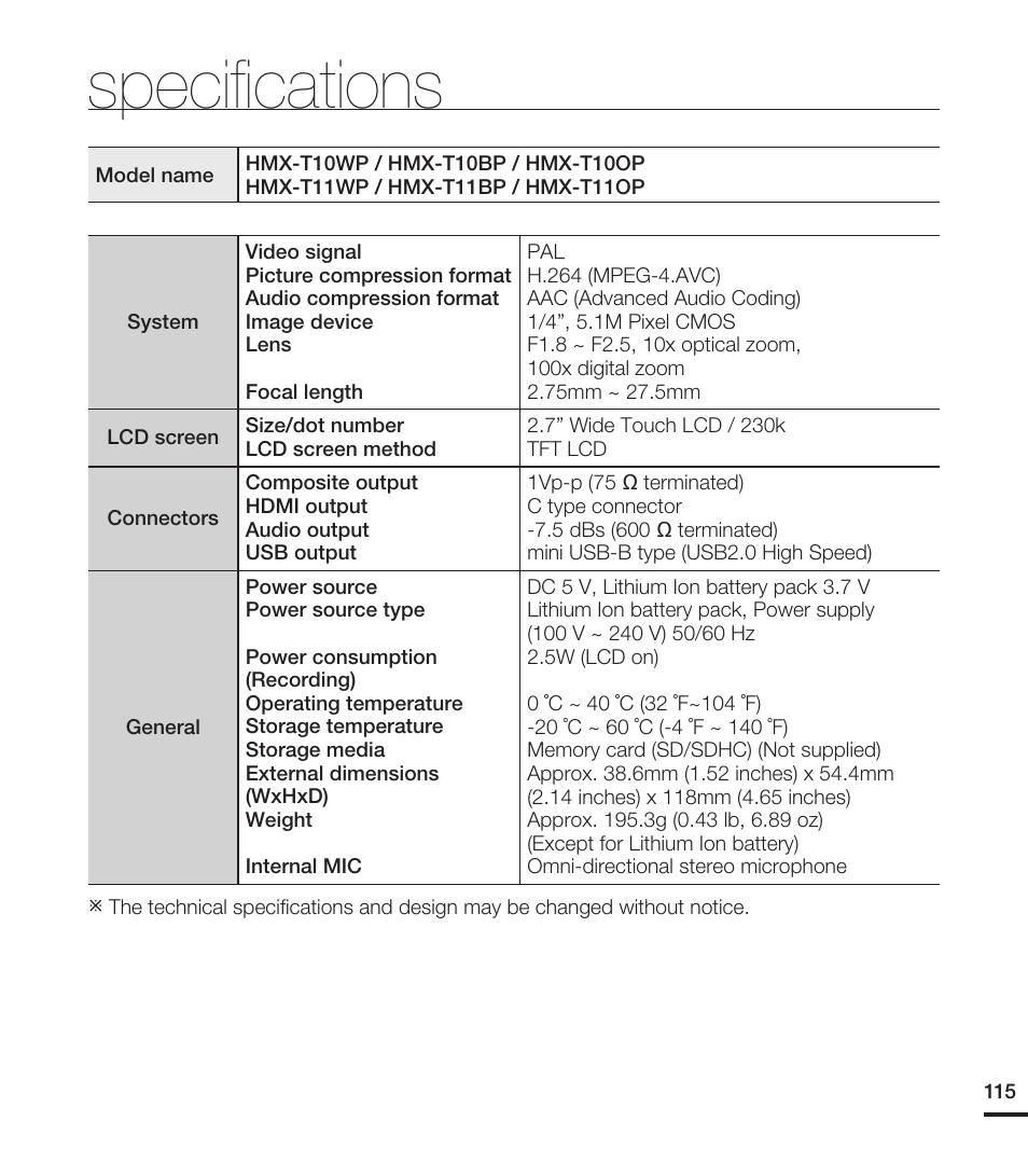 Specifications, Speciﬁcations | Samsung HMX-T10ON-XAA User Manual | Page 121 / 123